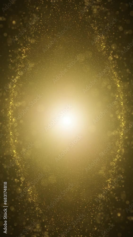 Poster seamless loop gold particles on shining golden vertical background.