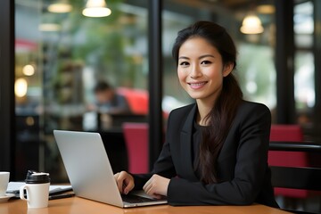 Happy young woman in stylish black jacket typing on laptop while enjoying a cup of coffee at a cozy restaurant table Generative AI