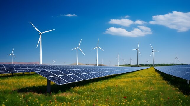 Renewable Energy Solar Panels and Wind Turbines in a Field Generating Clean Power for a Sustainable Future Generative AI