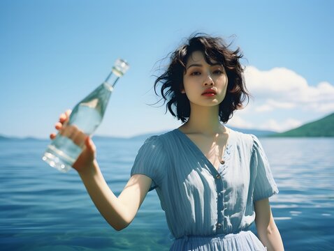 Serene young woman enjoying the refreshing taste of water while admiring the tranquil beauty of the lake Generative AI