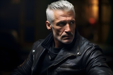 Obraz premium Cool and Confident Man in Black Leather Jacket Sitting Comfortably on a Chair with Arms Crossed Generative AI