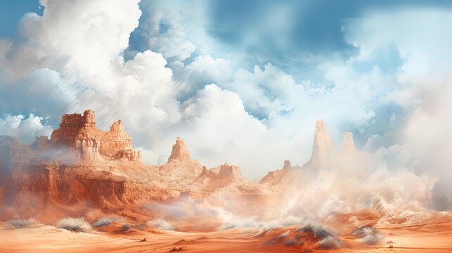 Red Sandstone Canyon Desert Painting with watercolor style