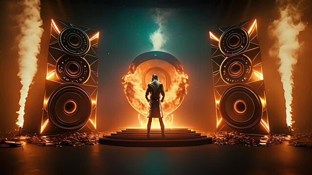 speakers surrounded by fire, burning speaker. Created with generative AI.