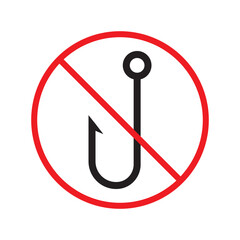 Forbidden fish hook vector icon. Warning, caution, attention, restriction, label, ban, danger. No fishing hook flat sign design pictogram symbol. No fishing hook icon