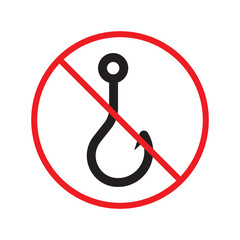 Forbidden fish hook vector icon. Warning, caution, attention, restriction, label, ban, danger. No fishing hook flat sign design pictogram symbol. No fishing hook icon