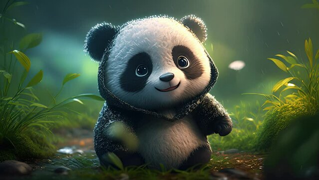 cute baby panda sad in the forest. Created with Generative AI.	
