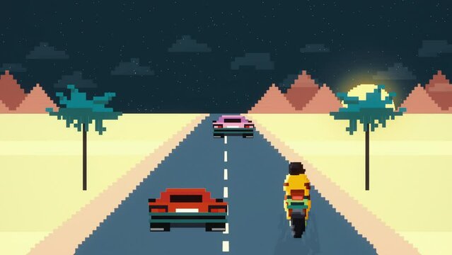 2D retro video game motorcycle racing. Nostalgia Retro Vibe. Imitation of an old video game animation. Seamless loop.
