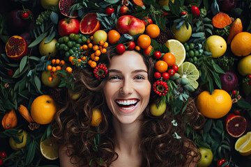 Fototapeta na wymiar Portrait of a beautiful model with fresh exotic fruits. Skin and hair product. Organic cosmetics