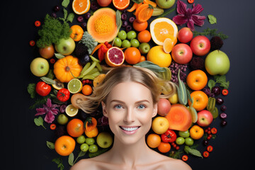 Fototapeta na wymiar Portrait of a beautiful model with fresh exotic fruits. Skin and hair product. Organic cosmetics