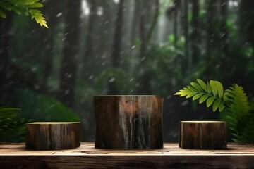 Rustic Wood Pieces Podium in Monsoon Rain forest 