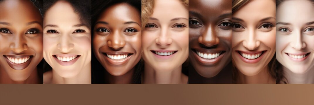 Happy Multi Ethnic Women Collage. Diverse Group Of Women Portraits smiling, panoramic