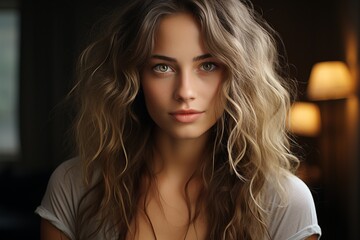 Fototapeta premium Charming woman looking at camera in dark room