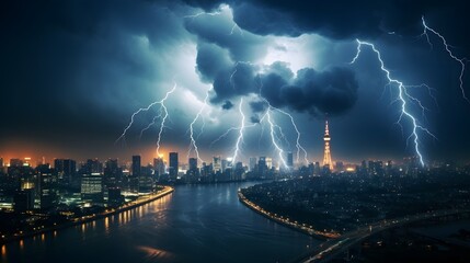 Naklejka na ściany i meble Dramatic Lightning Strikes Illuminate the City Skyline with River and Bridge in the Foreground at Night Generative AI