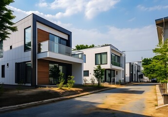 Fototapeta na wymiar Charming Neighborhood with Two Houses and Blue Sky in the Background Generative AI