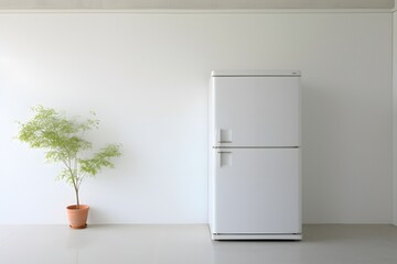 Modern Kitchen with White Refrigerator and Potted Plant in the Corner Generative AI