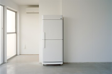 Modern White Refrigerator in Brightly Lit Room with Window and View of Outdoors Generative AI