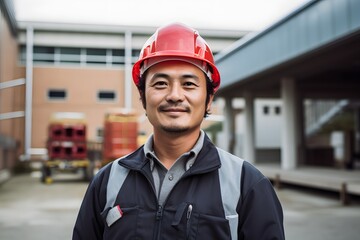 Confident Construction Worker in Hard Hat and Jacket Standing Proudly in Front of a Modern Building Site Generative AI