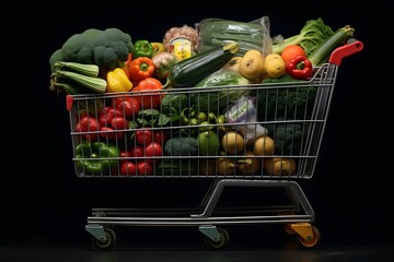 Fresh and Colorful Harvest A Shopping Cart Overflowing with a Variety of Fruits and Vegetables on a Table Generative AI
