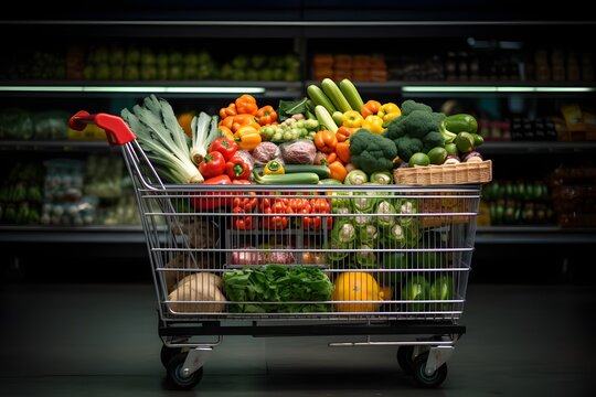 Fresh And Colorful Vegetables Piled High In A Shopping Cart At The Local Grocery Store Generative AI