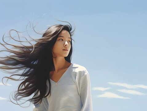 Beautiful young woman with long hair standing in the warm sunlight, enjoying the beauty of nature. Generative AI