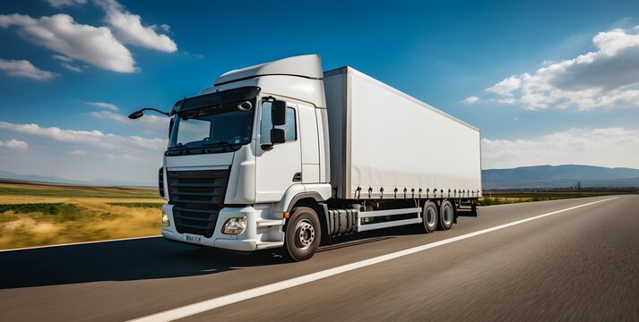 Scenic Drive with Araf Truck on Open Road Against Blue Sky Background Generative AI