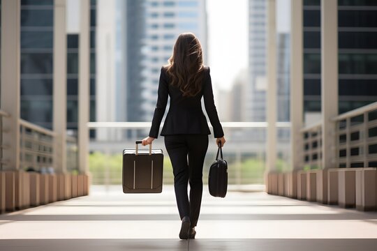 Young woman walking across a bridge with two heavy suitcases in her hands, looking determined and focused. Generative AI