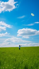 Joyful Moment of Freedom Person Flying a Kite in a Vast Field of Green Grass on a Sunny Day Generative AI