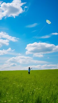 Joyful Moment of Freedom Person Flying a Kite in a Vast Field of Green Grass on a Sunny Day Generative AI