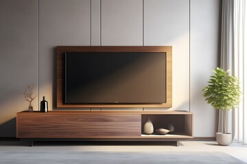 Modern Living Room with Large Flat Screen TV on Stand and Cozy Seating Area Generative AI