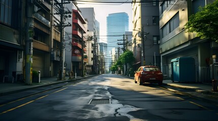 Obraz premium Red Car Navigating Through Busy Urban Street with Tall Buildings and Pedestrians in the Background Generative AI