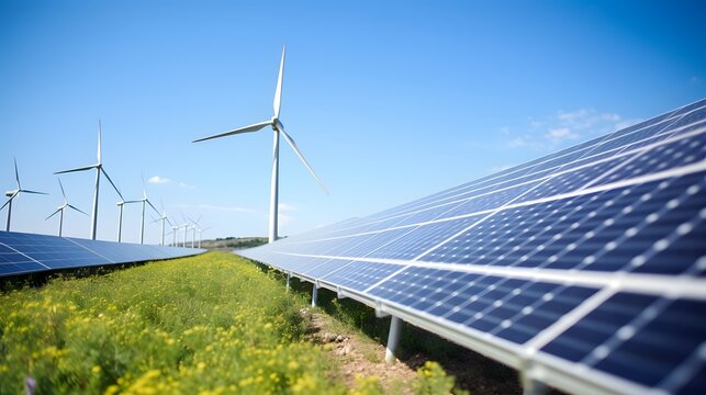 Renewable Energy Solar Panels and Wind Turbines in a Field Generating Clean Power for a Sustainable Future Generative AI