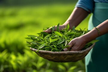 Harvesting Fresh and Fragrant Green Tea Leaves by Hand in a Lush Field on a Sunny Day Generative AI