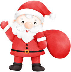 Cute cartoon Santa Claus with a bag of gifts watercolor illustration