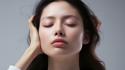 Relaxing Woman with Closed Eyes and Hands on Head in Serene Meditation Pose Generative AI