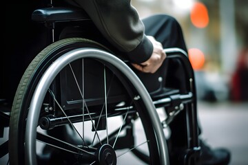 Obraz premium Disabled man in wheelchair sitting outdoors enjoying the sunshine and fresh air Generative AI