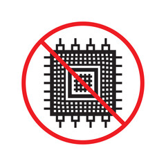 Forbidden processor vector icon. Warning, caution, attention, restriction, label, ban, danger. No CPU flat sign design pictogram symbol. No micro chip icon