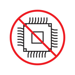 Forbidden processor vector icon. Warning, caution, attention, restriction, label, ban, danger. No CPU flat sign design pictogram symbol. No micro chip icon