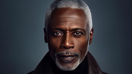 Handsome elegant, elderly African American man, on a silver background, banner, close-up, copy...