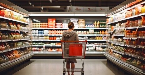 Busy Young Woman Shopping for Groceries with a Full Cart in a Bright and Airy Supermarket Generative AI - obrazy, fototapety, plakaty