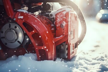 Red Snow Blower Parked in Snowy Driveway on a Cold Winter Day Generative AI - obrazy, fototapety, plakaty