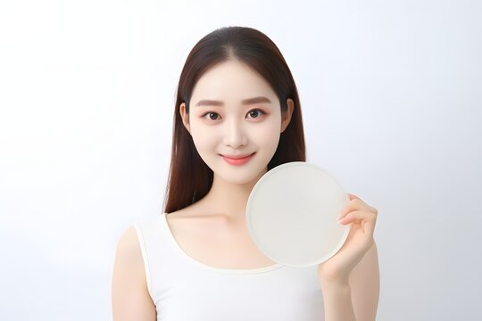 Happy young woman holding a white plate with a cheerful smile on her face, isolated on a white background. Generative AI