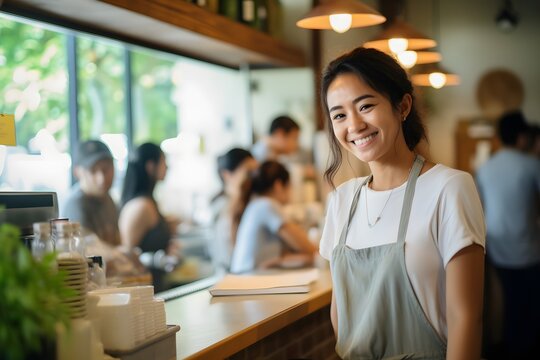 Friendly Waitress Serving Happy Customers in a Busy Restaurant Setting with Group of Diners in Background Generative AI