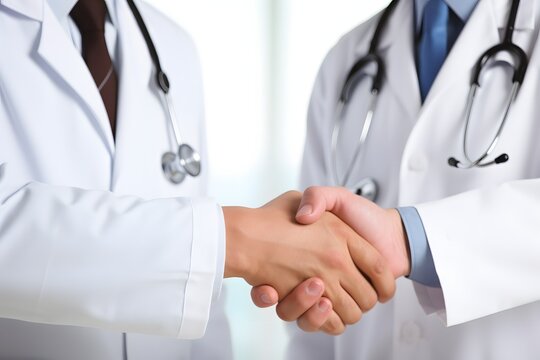 Professional Medical Collaboration Two Doctors Shake Hands in a Brightly Lit Examination Room Generative AI