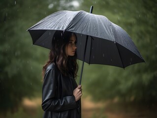 Stylish Woman in Black Jacket Stands Out in the Rain, Holding an Umbrella for Protection and Fashion Generative AI