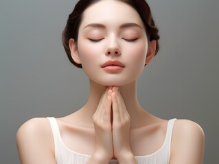 Serene Woman with Closed Eyes and Folded Hands in Prayer, Seeking Inner Peace and Spiritual Connection. Generative AI