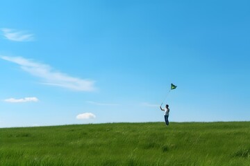 Happy Giraffe Enjoying a Sunny Day Flying a Colorful Kite in a Lush Green Field Generative AI