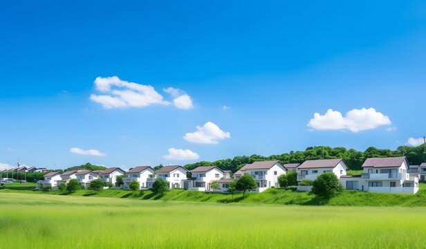 Idyllic Countryside Landscape with Colorful Row of Houses, Green Fields, and Blue Sky Generative AI