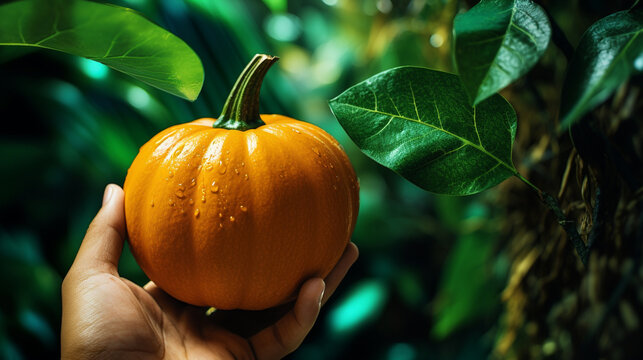 pumpkin in a hand HD 8K wallpaper Stock Photographic Image 
