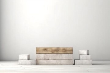 Rustic wood pieces podium in white clean room - obrazy, fototapety, plakaty