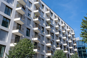 White apartment building with many small balconies seen in Berlin, Germany - 683185408